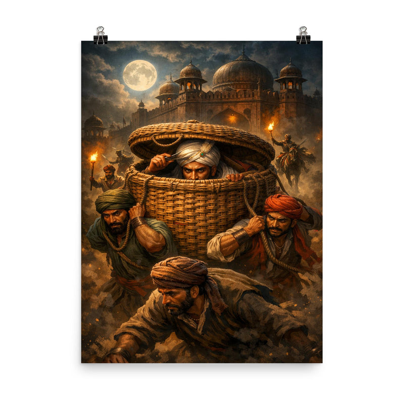 Chhatrapati Shivaji escaping Agra in baskets poster on a plain backdrop in size 8