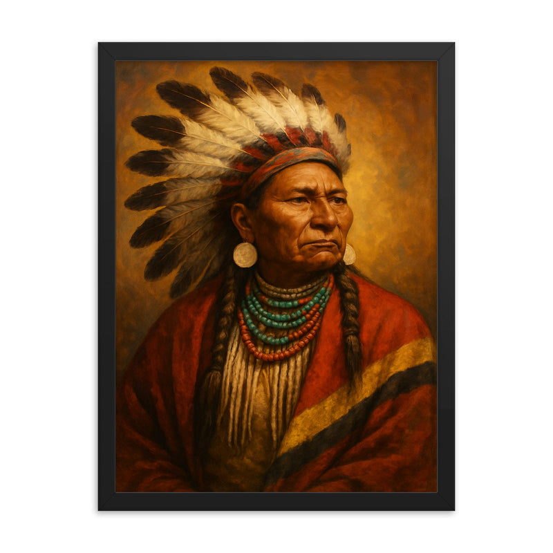 Chief Joseph framed print on a plain backdrop in size 18