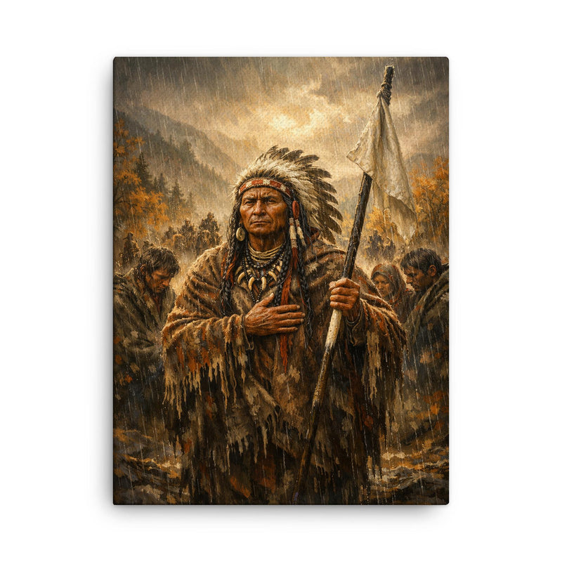 Chief Joseph surrender speech in autumn rain canvas print on a plain backdrop in size 18
