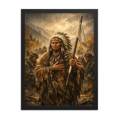 Chief Joseph surrender speech in autumn rain framed print on a plain backdrop in size 18"x24".