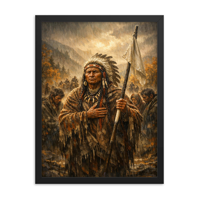 Chief Joseph surrender speech in autumn rain framed print on a plain backdrop in size 18
