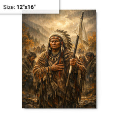 Chief Joseph surrender speech in autumn rain metal print on a plain backdrop in size 12"x16".