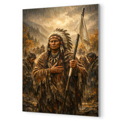 Chief Joseph surrender speech in autumn rain metal print mockup