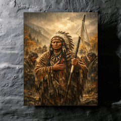 Chief Joseph surrender speech in autumn rain metal print mockup