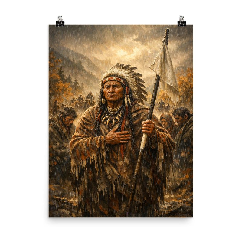 Chief Joseph surrender speech in autumn rain poster on a plain backdrop in size 8