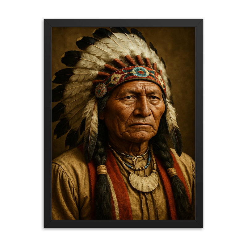 Chief Spotted Tail portrait framed print on a plain backdrop in size 18