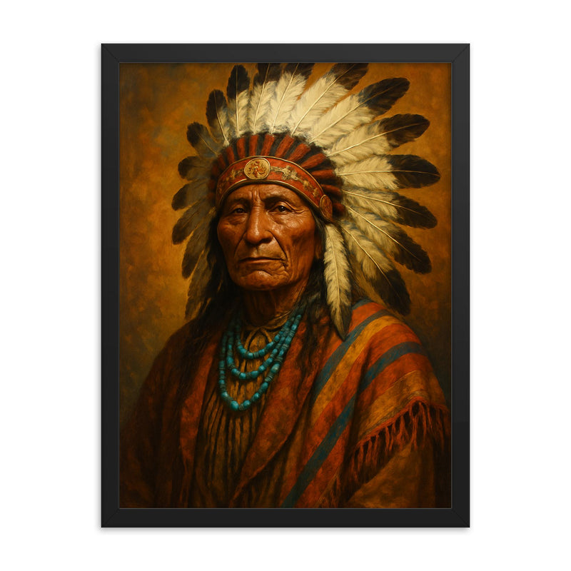 Chief Standing Bear framed print on a plain backdrop in size 18