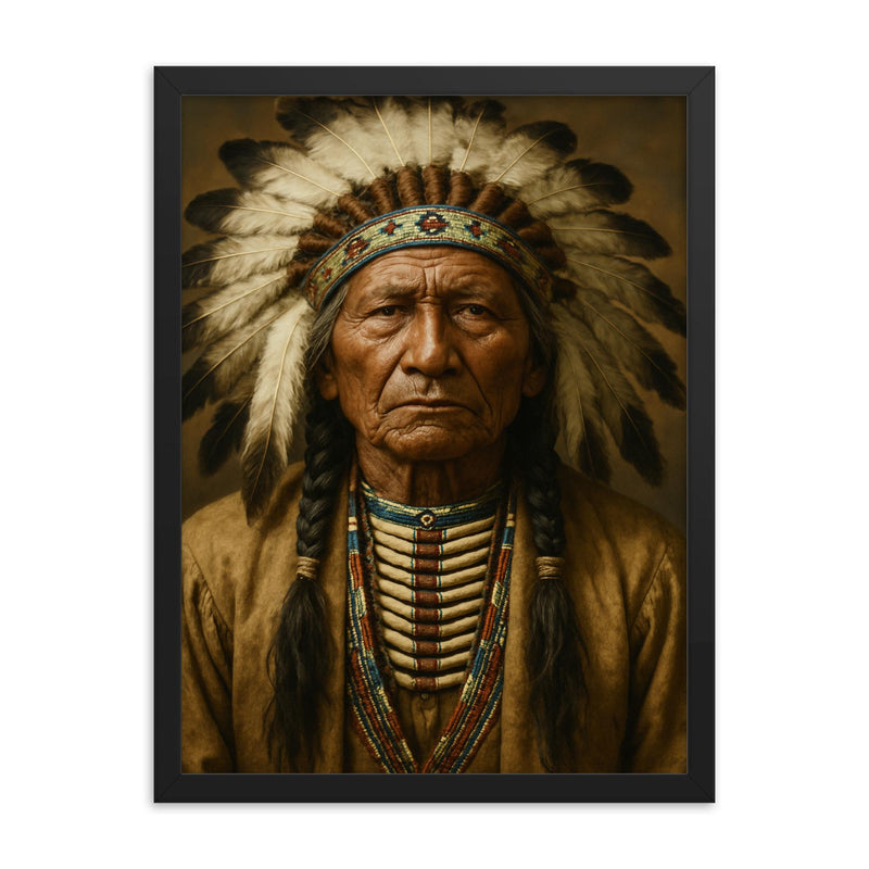 Chief Standing Bear portrait framed print on a plain backdrop in size 18