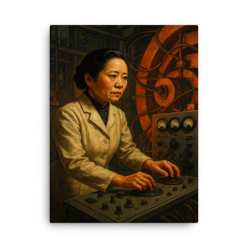 Chien Shiung Wu at cyclotron controls canvas print on a plain backdrop in size 18