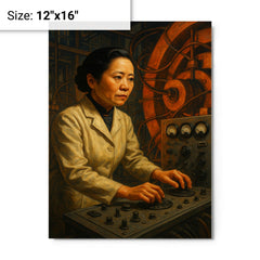 Chien Shiung Wu at cyclotron controls metal print on a plain backdrop in size 12"x16".