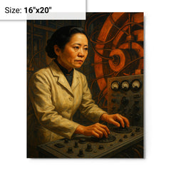 Chien Shiung Wu at cyclotron controls metal print on a plain backdrop in size 16"x20".