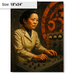 Chien Shiung Wu at cyclotron controls metal print on a plain backdrop in size 18"x24".