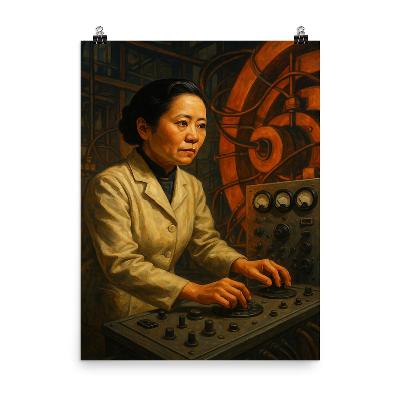 Chien Shiung Wu at cyclotron controls poster on a plain backdrop in size 8