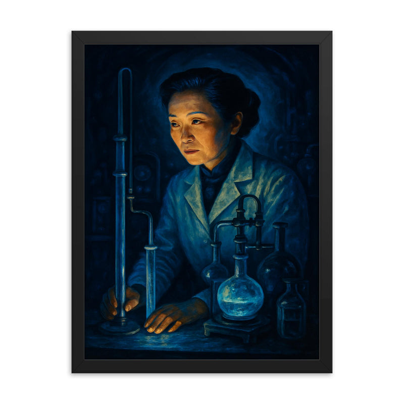 Chien Shiung Wu in midnight laboratory glow framed print on a plain backdrop in size 18