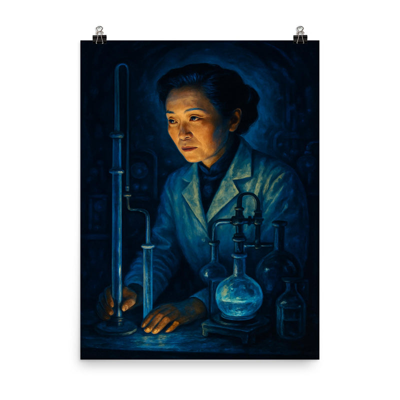 Chien Shiung Wu in midnight laboratory glow poster on a plain backdrop in size 8