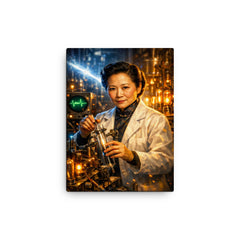 Chien Shiung Wu in physics laboratory glow canvas print on a plain backdrop in size 12"x16".
