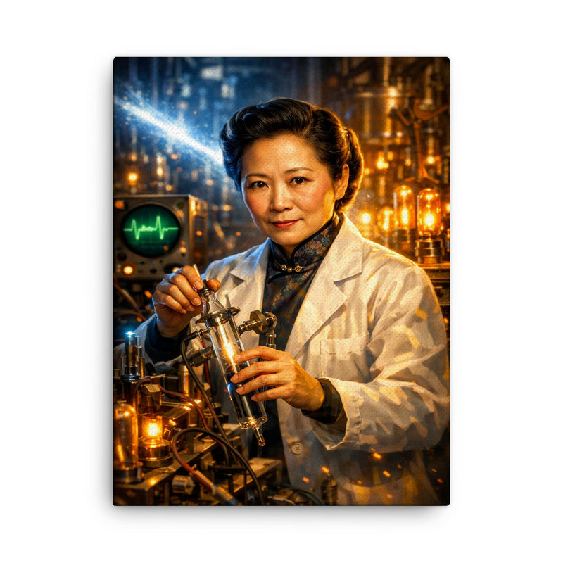 Chien Shiung Wu in physics laboratory glow canvas print on a plain backdrop in size 18