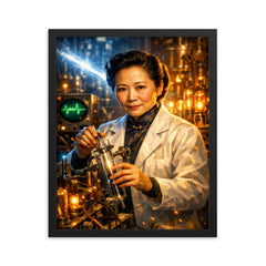 Chien Shiung Wu in physics laboratory glow framed print on a plain backdrop in size 16"x20".