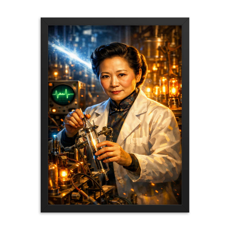 Chien Shiung Wu in physics laboratory glow framed print on a plain backdrop in size 18