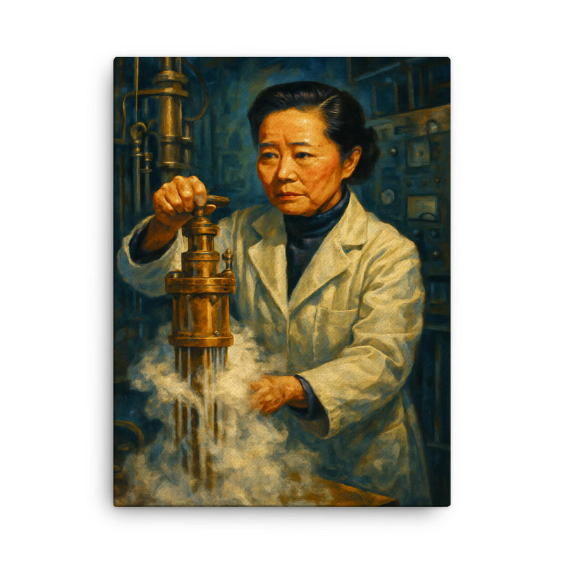 Chien Shiung Wu in the low temperature lab canvas print on a plain backdrop in size 18
