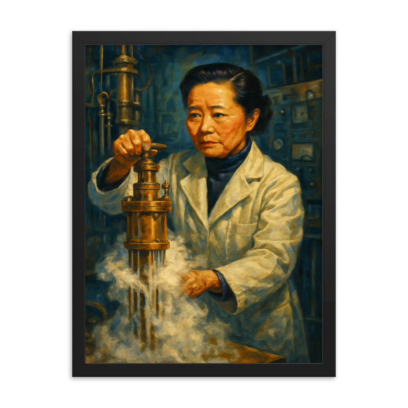 Chien Shiung Wu in the low temperature lab framed print on a plain backdrop in size 18