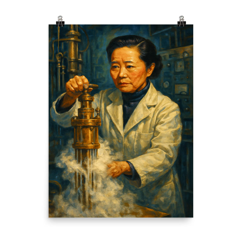 Chien Shiung Wu in the low temperature lab poster on a plain backdrop in size 8