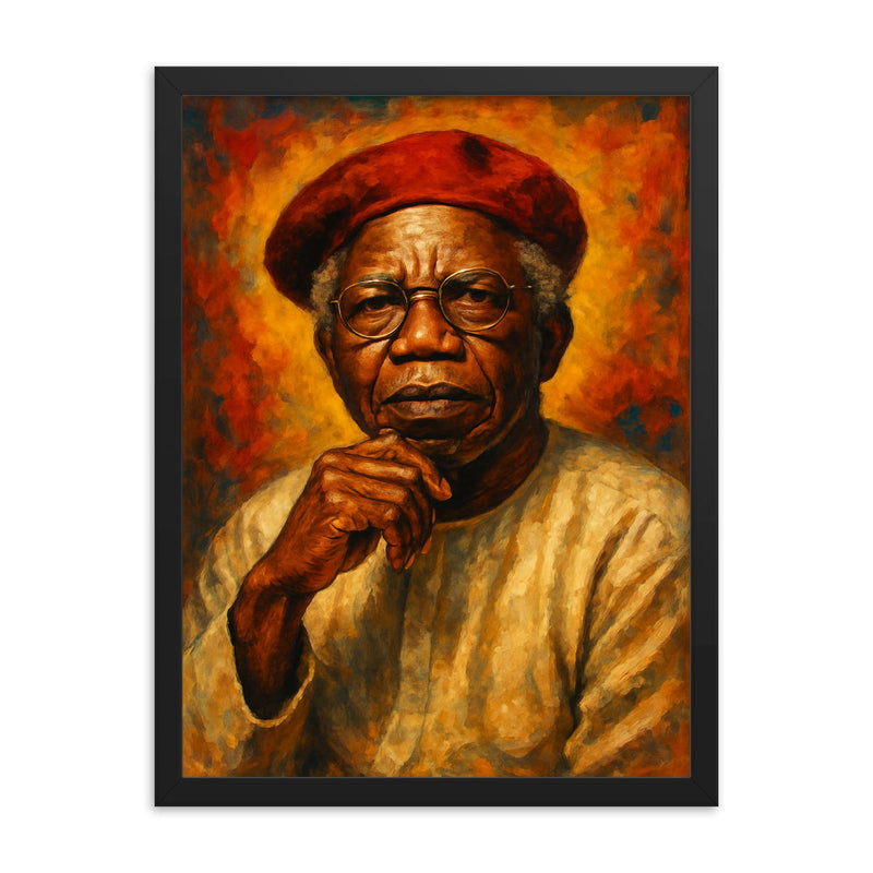 Chinua Achebe framed print on a plain backdrop in size 18