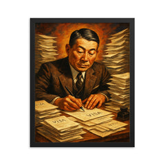 Chiune Sugihara writing visas nonstop framed print on a plain backdrop in size 16"x20".