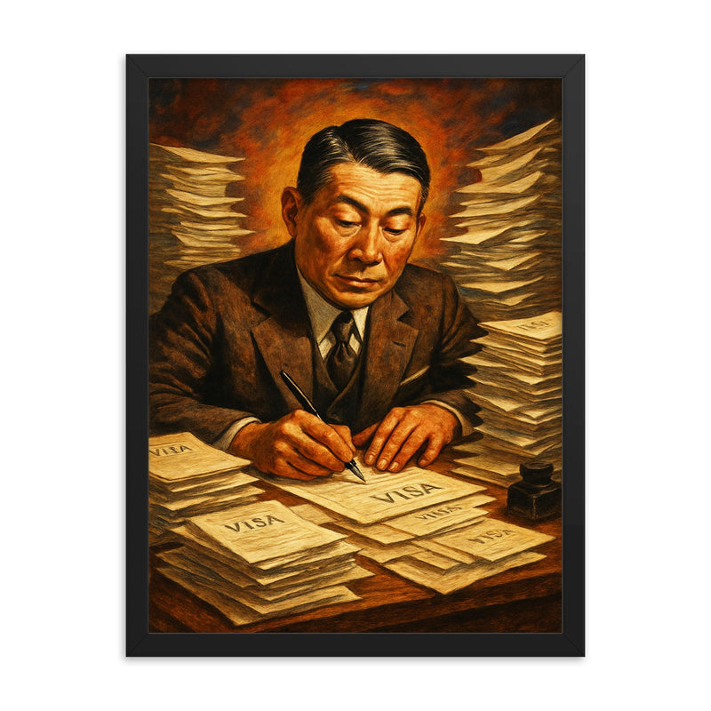 Chiune Sugihara writing visas nonstop framed print on a plain backdrop in size 18