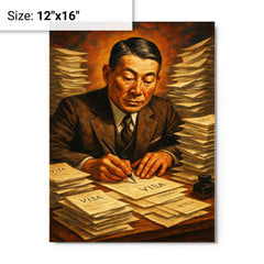 Chiune Sugihara writing visas nonstop metal print on a plain backdrop in size 12"x16".