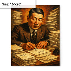 Chiune Sugihara writing visas nonstop metal print on a plain backdrop in size 16"x20".