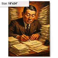 Chiune Sugihara writing visas nonstop metal print on a plain backdrop in size 18"x24".
