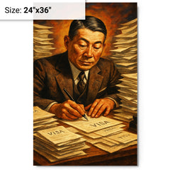 Chiune Sugihara writing visas nonstop metal print on a plain backdrop in size 24"x36".