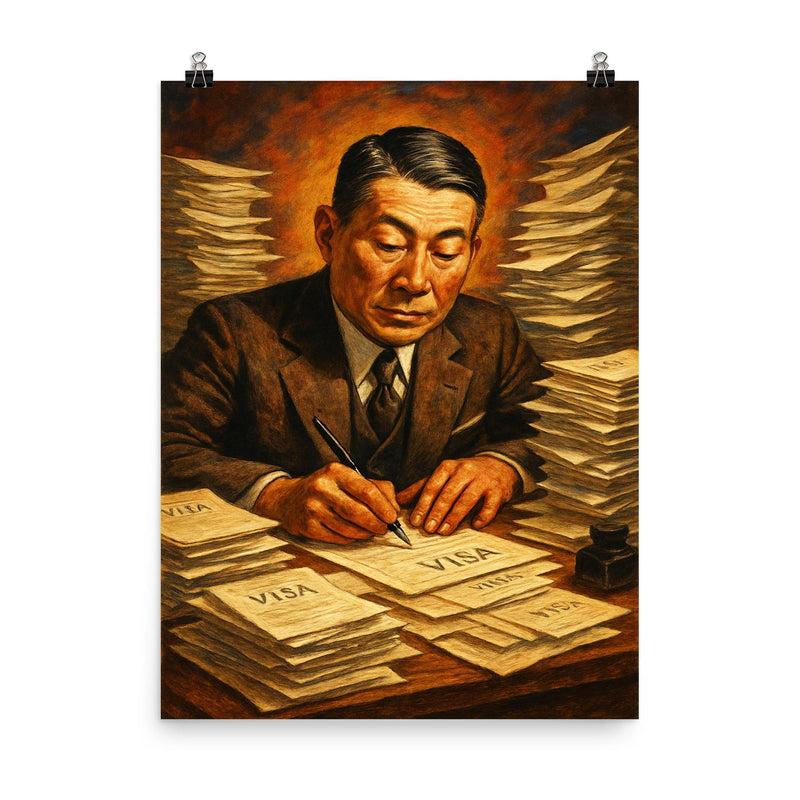 Chiune Sugihara writing visas nonstop poster on a plain backdrop in size 8