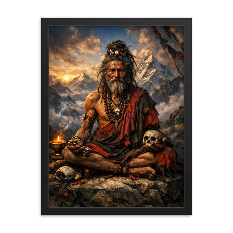 Chögyam Trungpa style avoided ancient Kagyu yogi framed print on a plain backdrop in size 18