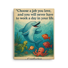 Choose a job you love Confucius quote Dolphin giving swimming lessons Inspiring poster.jpg canvas print on a plain backdrop in size 16"x20".
