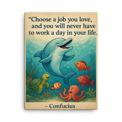 Choose a job you love Confucius quote Dolphin giving swimming lessons Inspiring poster.jpg canvas print on a plain backdrop in size 18"x24".