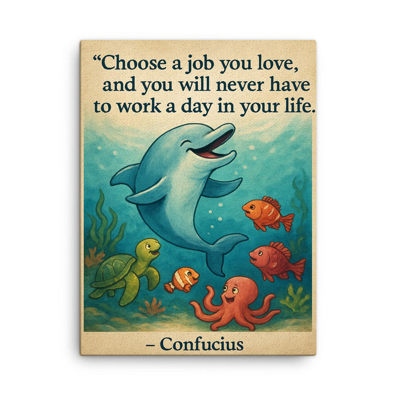 Choose a job you love Confucius quote Dolphin giving swimming lessons Inspiring poster.jpg canvas print on a plain backdrop in size 18