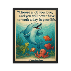 Choose a job you love Confucius quote Dolphin giving swimming lessons Inspiring poster.jpg framed print on a plain backdrop in size 16"x20".