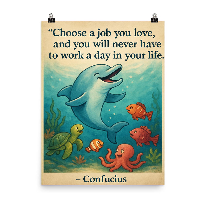 Choose a job you love Confucius quote Dolphin giving swimming lessons Inspiring poster.jpg poster on a plain backdrop in size 8