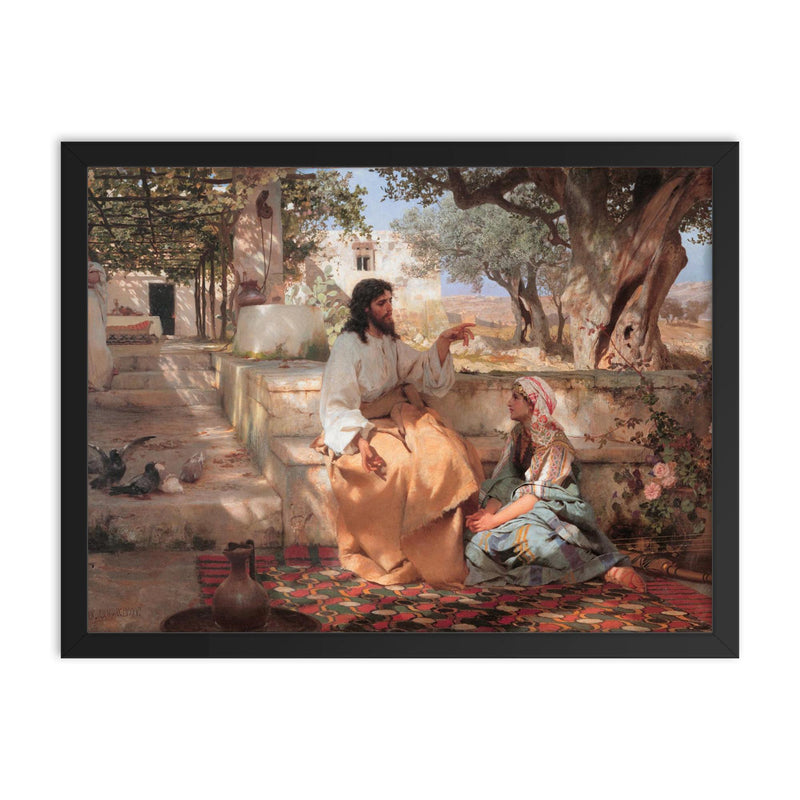 Christ in the Home of Martha and Mary by Genrikh Semiradsky, 1886 framed print on a plain backdrop in size 18