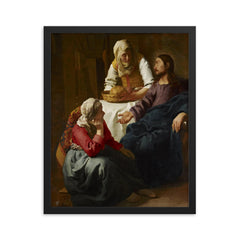 Christ in the House of Martha and Mary by Johannes Vermeer framed print on a plain backdrop in size 16"x20".