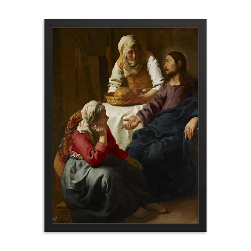 Christ in the House of Martha and Mary by Johannes Vermeer framed print on a plain backdrop in size 18