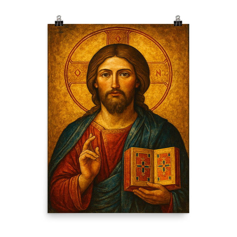 Christ Pantocrator poster on a plain backdrop in size 8