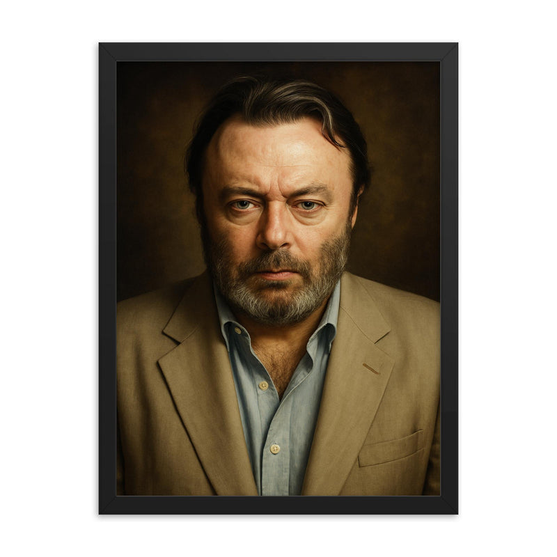 Christopher Hitchens portrait framed print on a plain backdrop in size 18