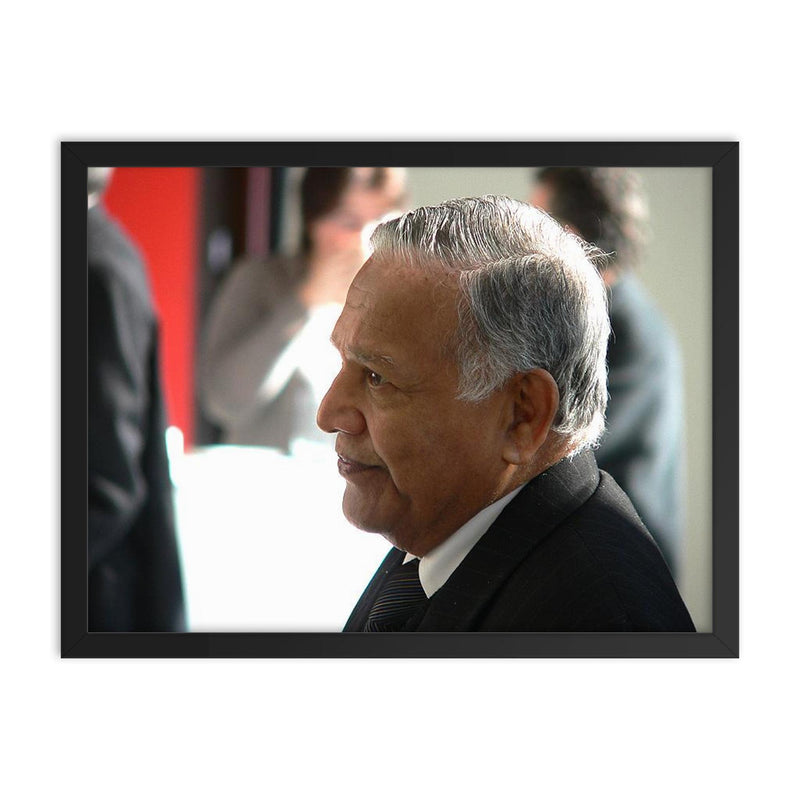 Christopher Weeramantry framed print on a plain backdrop in size 18