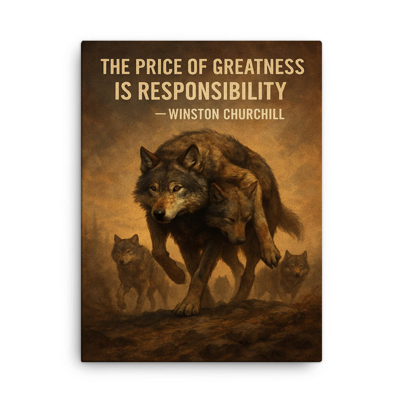 churchill quote alpha wolf carrying wounded pack responsibility canvas print on a plain backdrop in size 18