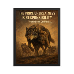 churchill quote alpha wolf carrying wounded pack responsibility framed print on a plain backdrop in size 16"x20".
