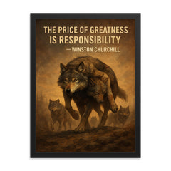 churchill quote alpha wolf carrying wounded pack responsibility framed print on a plain backdrop in size 18"x24".