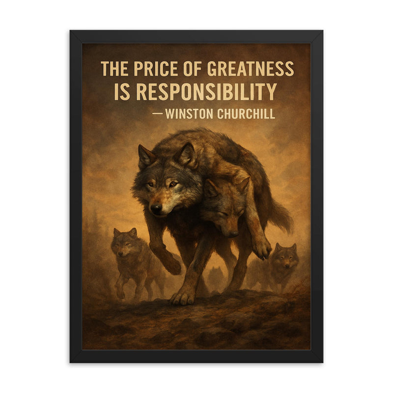 churchill quote alpha wolf carrying wounded pack responsibility framed print on a plain backdrop in size 18